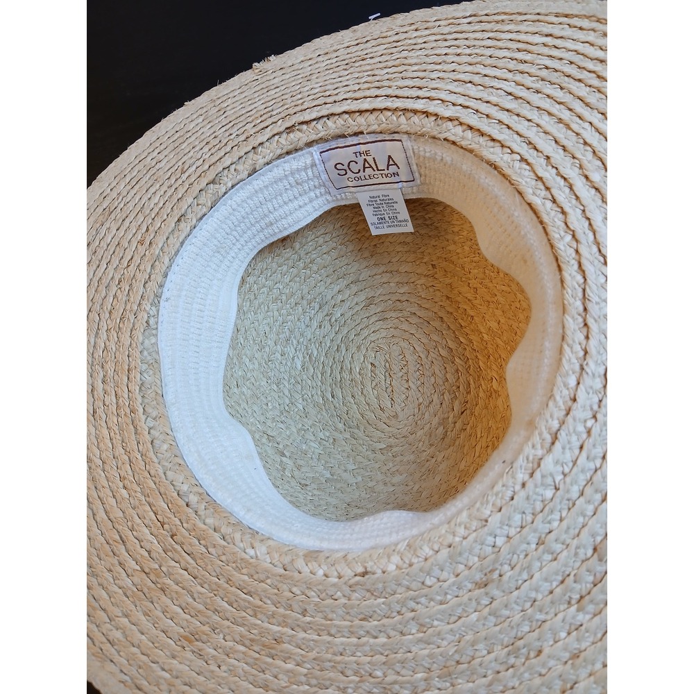 Scala Collection Straw Sun Hat Wide Brim Palm Tree Ribbon Beige‎ One Size - Picture 7 of 9